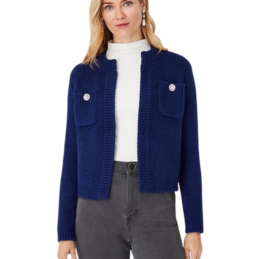NWT Ann Taylor Navy Blue Knit Jeweled Rhinestone Pocket Cardigan Jacket - S